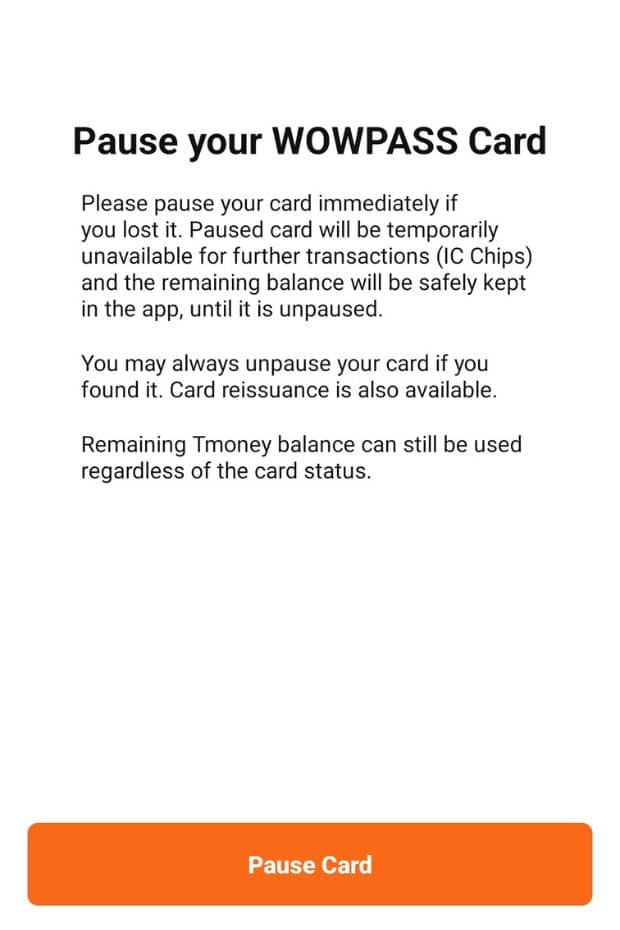 WOWPASS Korea Review: How To Use WOWPASS With T-Money 2024 76 How To Pause Your WOWPASS Card