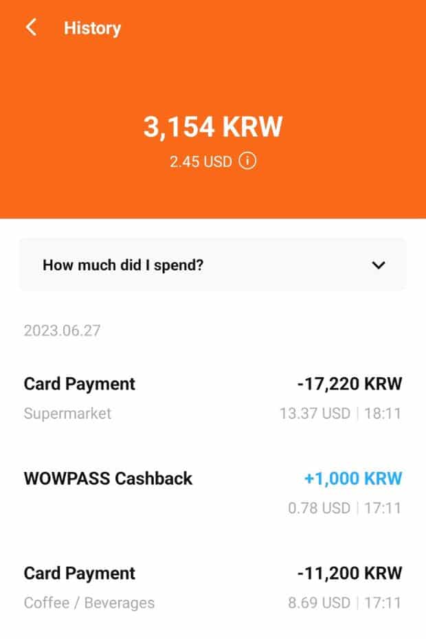WOWPASS Korea Review: How To Use WOWPASS With T-Money 2024 72 Transaction History on WOWPASS App