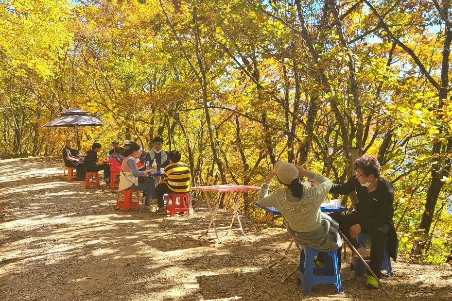 Beautiful Korean Autumn Leaves Pictures: Best Foliage 2024 38 People eating on Mindungsan Mountain hiking path