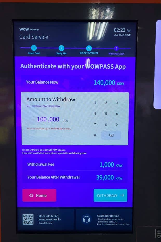 WOWPASS Korea Review: How To Use WOWPASS With T-Money 2024 70 Withdrawing cash from WOWPASS
