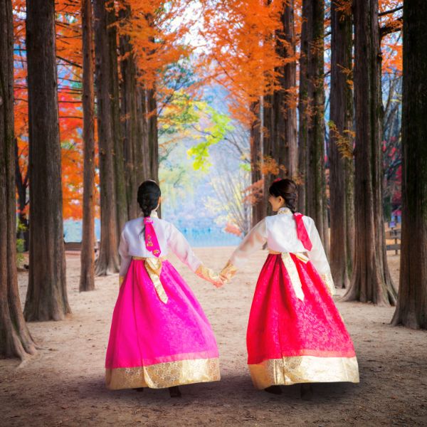 Women in hanbok in Nami Island Korea Women in hanbok in Nami Island Korea