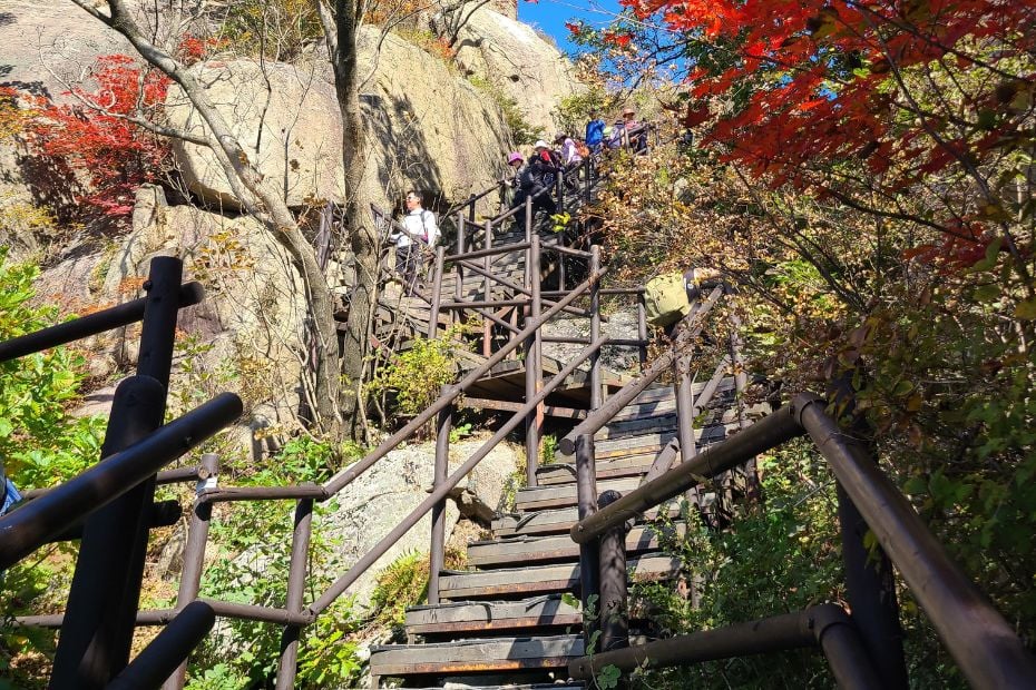 How To Hike Bukhansan Baegundae Peak: Seoul's Best Hike 2024 27 Wooden steps on the hike to Baegundae Peak