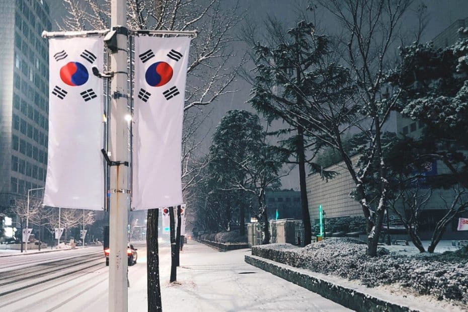 A Guide To Winter In Korea 2024: 20+ Best Winter Activities 15 Street in Korea in winter with Korean flags