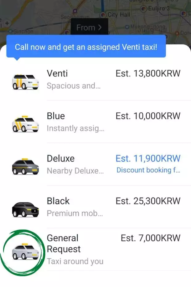 Different types of taxi on Kakao Taxi app Different types of taxi on Kakao Taxi app